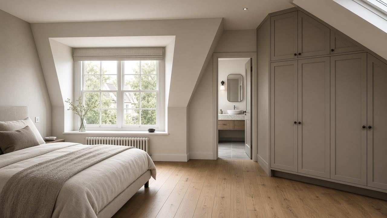 Placeholder photo of a loft bedroom with a dormer window
