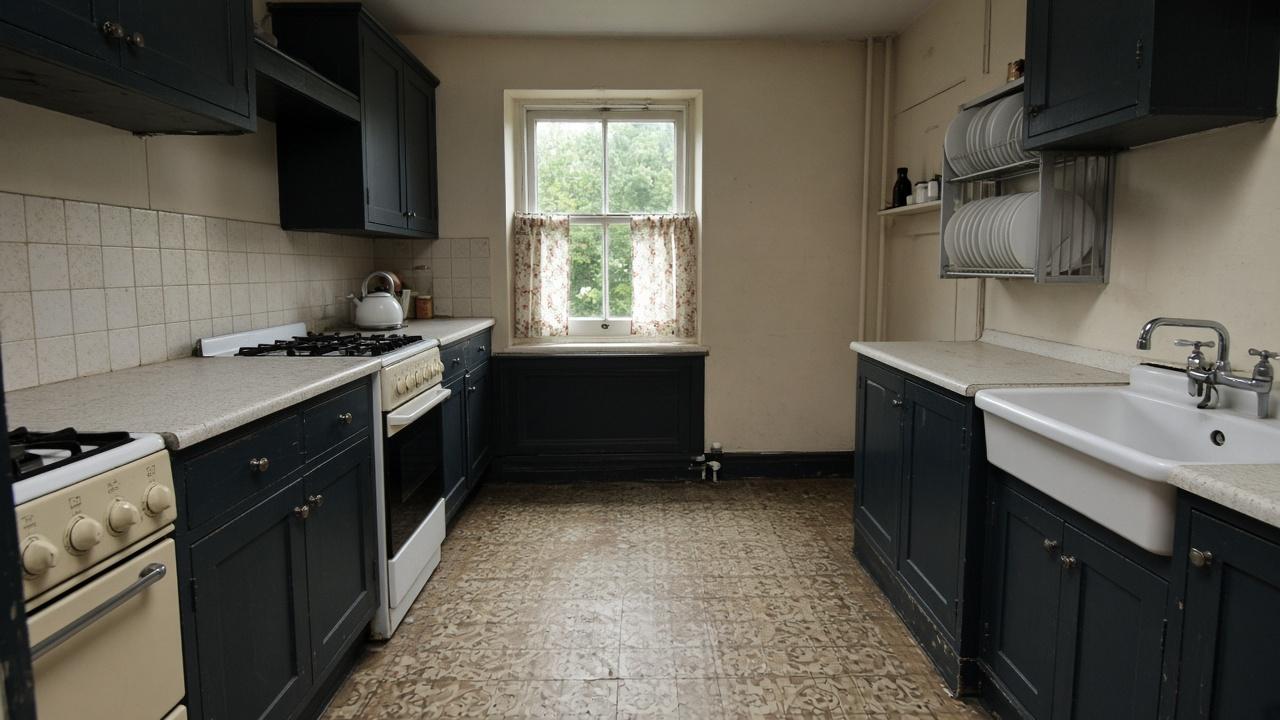 Placeholder photo of a dated galley kitchen