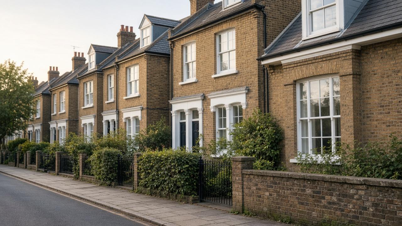 Placeholder photo of a quiet street of brick houses