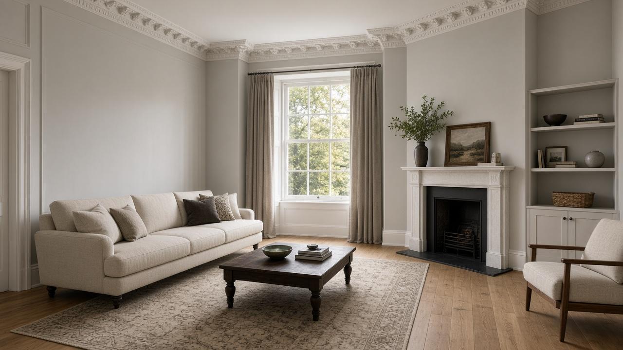 Placeholder photo of a refurbished living room with a sash window
